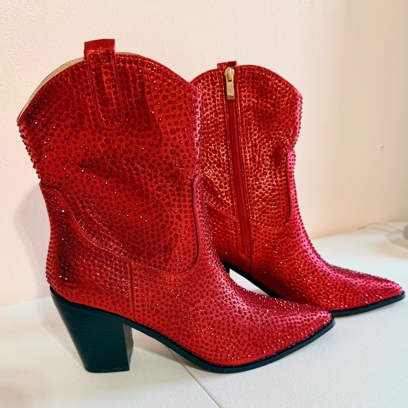 * Berness Sexy Red Rhinestones 3" Block Heel Cowboy Boots - Picture 5 of 10